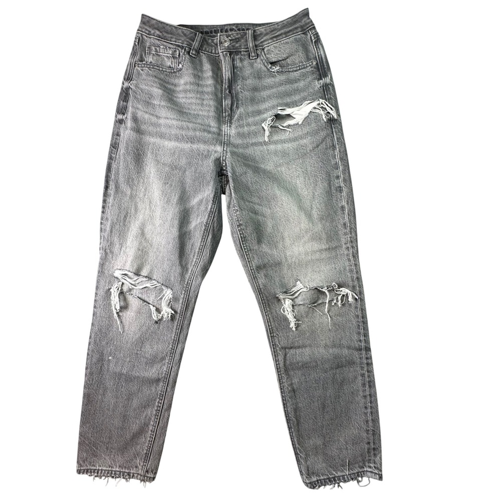 American Eagle Mom Jeans Gray Distressed Ripped High Waisted Size 4 Short Gray